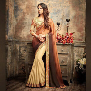 Gold and Brown Shaded Designer Embroidery Saree with Blouse – Sri Lanka